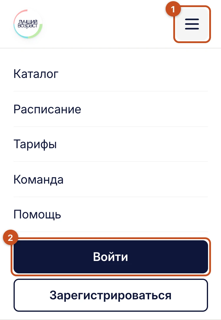На телефоне: значок с тремя полосками и кнопка «Войти» в меню